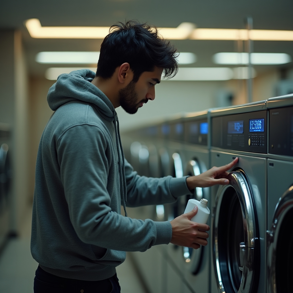 Клиент загружает бельё в стиральную машину