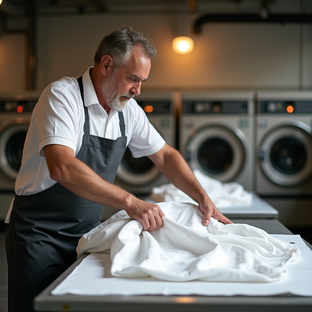 Сотрудник прачечной за работой
