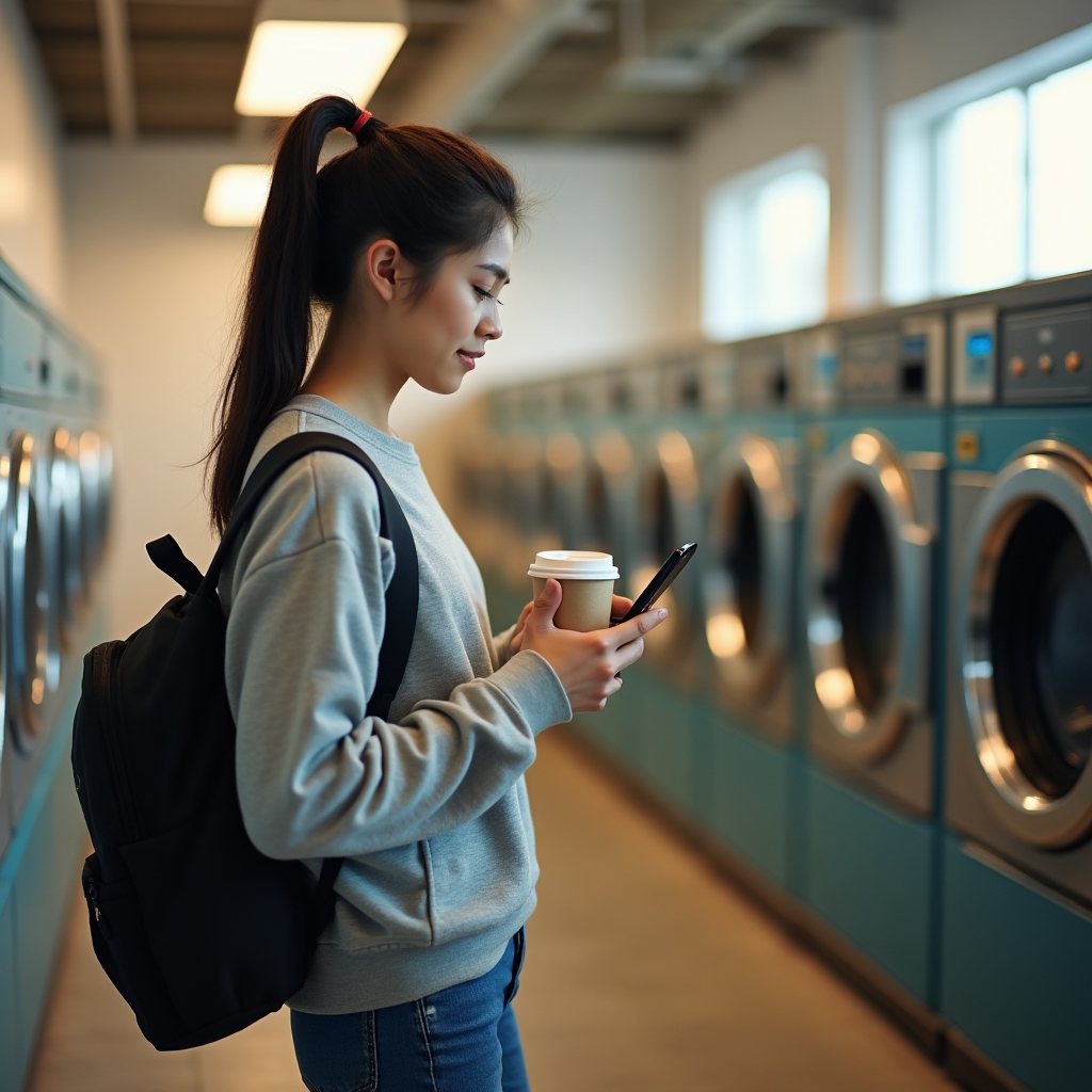 Студент в прачечной самообслуживания